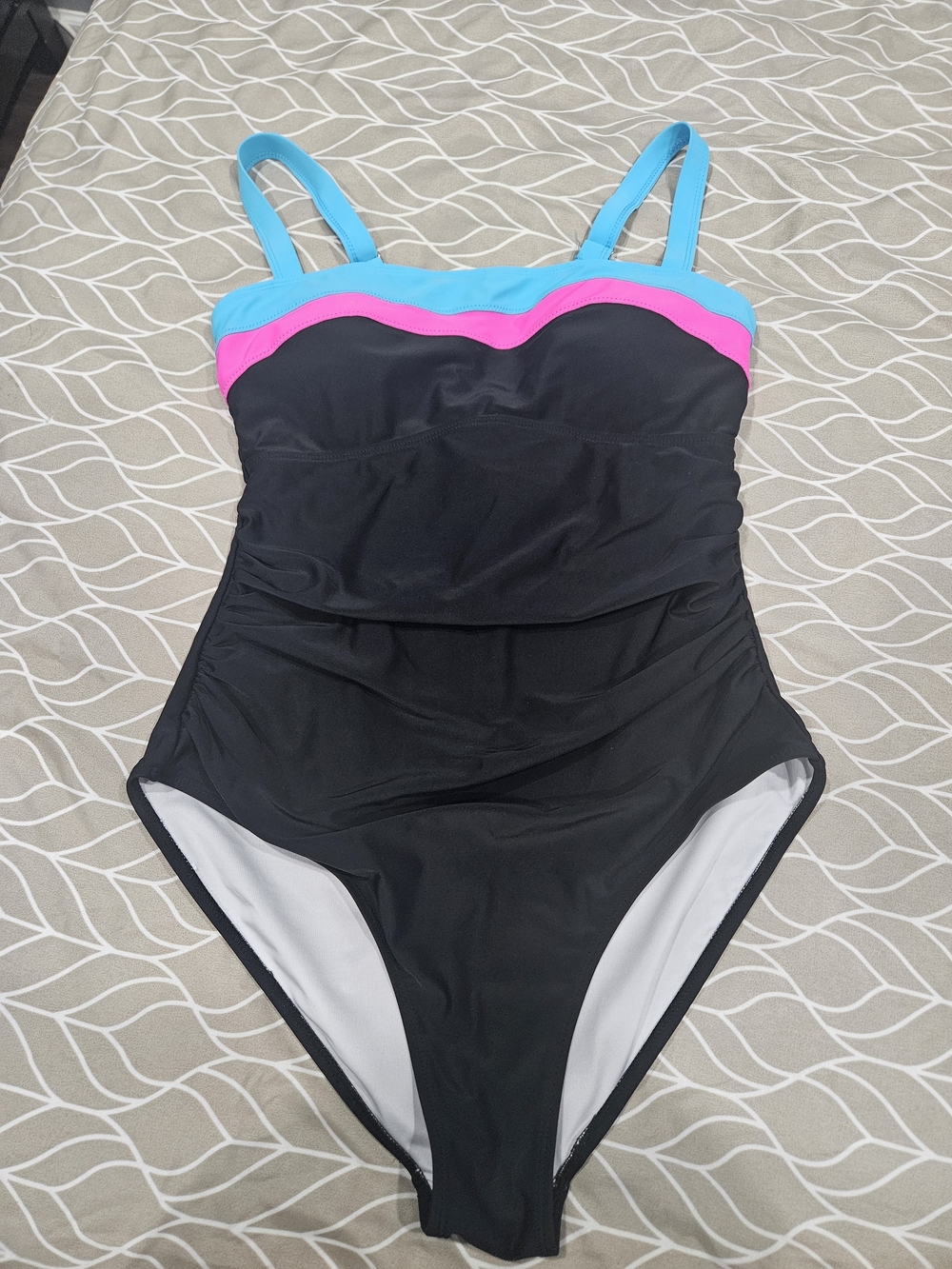 Women’s Black One-Piece Swimsuit with Turquoise & Pink Accents